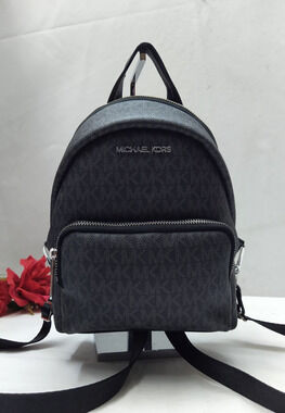 Michael Kors Black Leather MK Printed Zipper Closure Top Handles Backpack